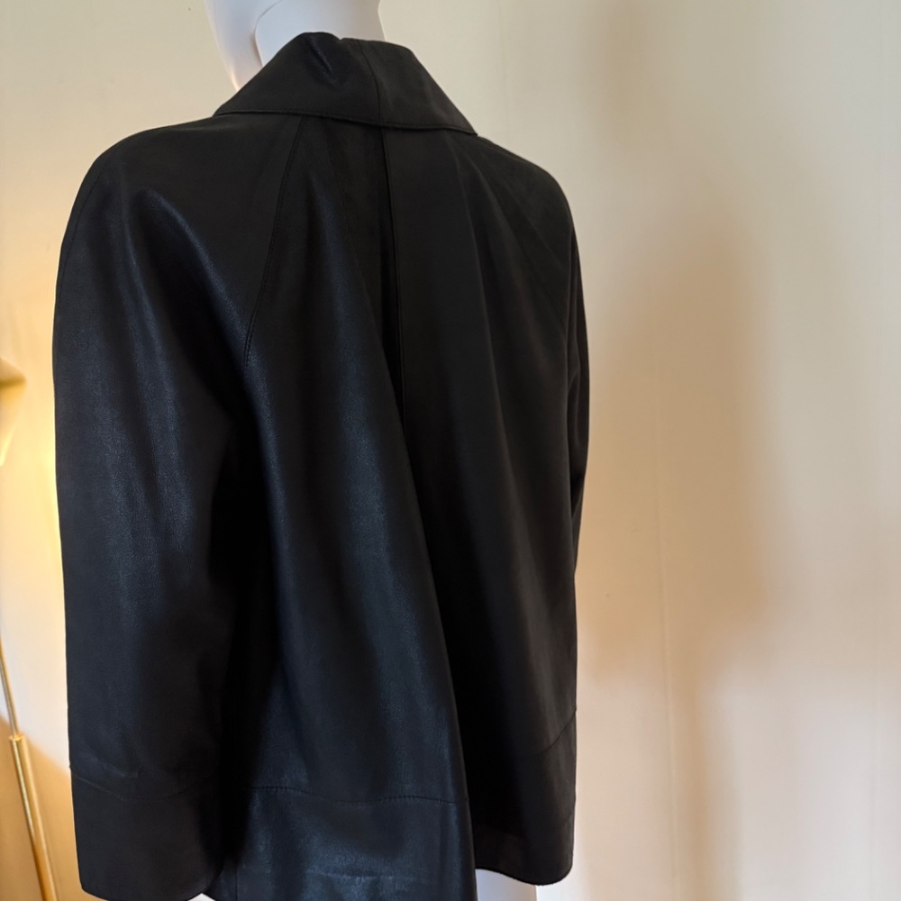 Black leather Doncaster, 3/4 sleeve, shawl collar, jacket, size 14; capsule - Picture 3 of 5